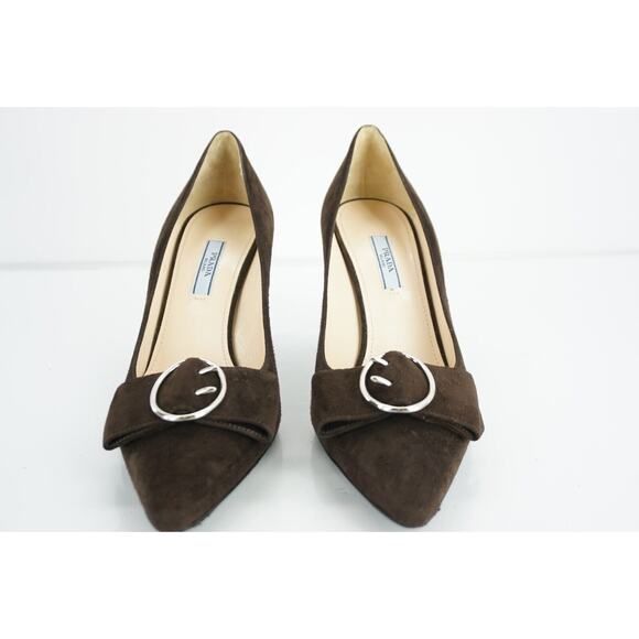 Prada Brown Suede Leather Pointy Bow Toe Heel Pumps Strap Bow - Picture 3 of 12